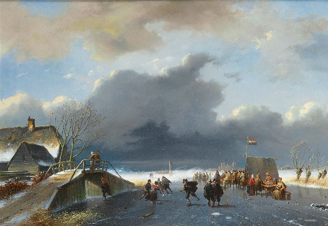 Nicolaas Johannes Roosenboom en Eugène Verboekhoven | IJspret bij een koek-en-zopie (de stoffering met figuren is van de hand van Eugène Verboeckhoven), olieverf op doek, 48,0 x 68,0 cm