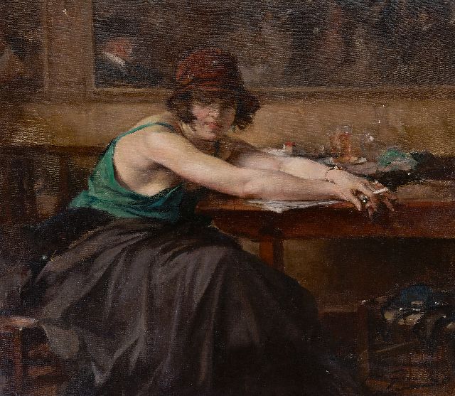 Gouweloos J.L.H.  | Vrouw aan cafétafel, olieverf op doek 70,5 x 80,4 cm, gesigneerd r.o.