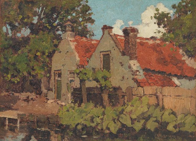 Jan Knikker sr. | Huisjes aan het water, olieverf op paneel, 26,3 x 36,8 cm, gesigneerd r.o. en zonder lijst