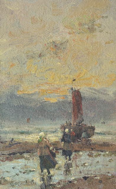Morgenstjerne Munthe | Fischerfrauen auf dem Strand, Öl auf Leinwand auf Holz, 23,2 x 14,2 cm, Unterzeichnet l.u. und ca. 1914