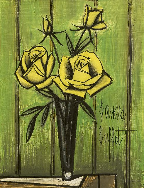 Bernard Buffet | Roses jaunes fond vert (Gelbe Rosen), Öl auf Holzfaser, 34,9 x 27,0 cm, Unterzeichnet u.r. und painted late 1960s