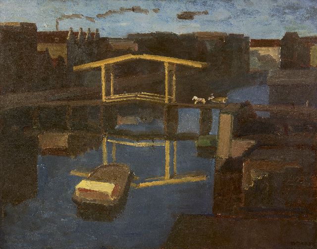 Kees Maks | Die Fallbrücke (Aussicht aus der Werkstatt des Malers auf die Prinseneiland, Amsterdam), Öl auf Leinwand, 79,4 x 100,0 cm, Unterzeichnet u.r.