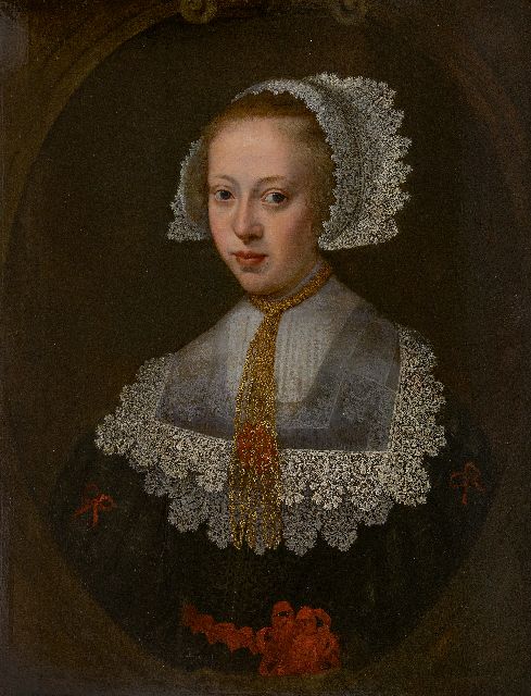 Hollandse School | Portret van een vrouw met kapje en platte kraag van Vlaams kant i.o., olieverf op paneel, 73,0 x 60,0 cm, ca 1650