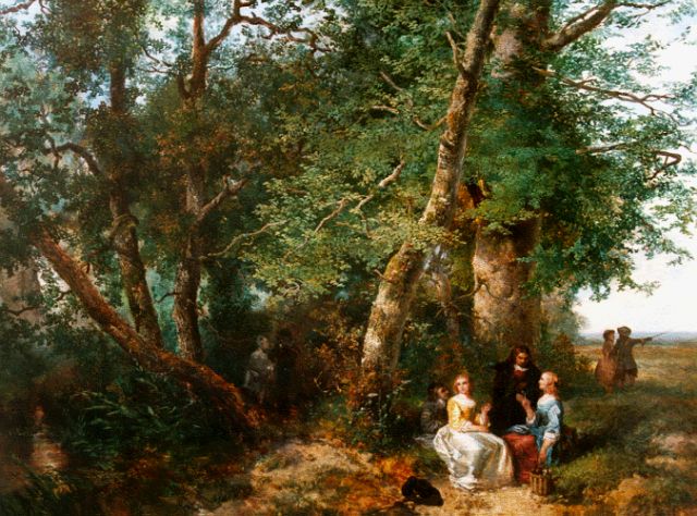 Kate J.M.H. ten | Rustpauze met een drankje in de bossen nabij het strand, olieverf op paneel 48,5 x 61,7 cm, gesigneerd r.o. en gedateerd 1852