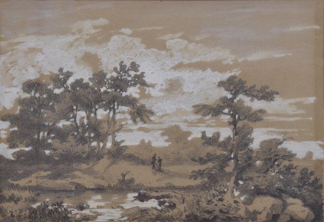 Lintz F.E.  | Boslandschap met figuren, potlood en aquarel op gekleurd papier 13,3 x 18,8 cm, gesigneerd l.o.