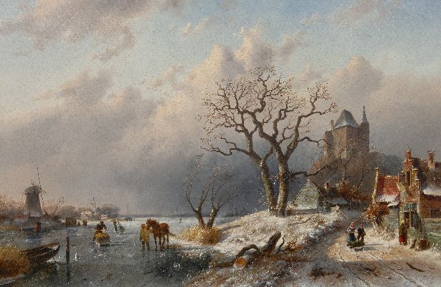 Leickert C.H.J.  | Winterlandschap met schaatsers en landvolk op een pad, olieverf op doek 80,0 x 120,8 cm, gesigneerd l.o.