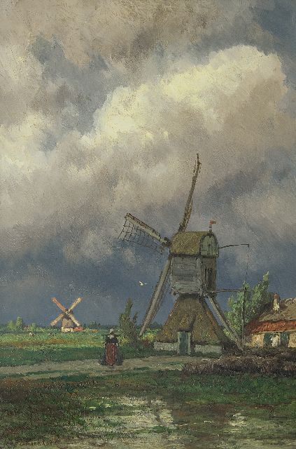Jan H.B. Koekkoek | Mühlen im Polder bei Kortenhoef, Öl auf Holz, 49,5 x 33,0 cm, Unterzeichnet l.u.