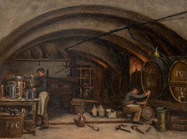Vlis J.F. van der | Gezicht in wijnkelder Finjé & Co. aan de Oudegracht, Utrecht, olieverf op paneel 39,3 x 50,1 cm, gesigneerd r.o. en te dateren ca. 1910-1920, zonder lijst
