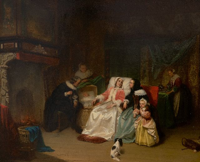 Hendrik Jacobus Scholten | De kraamvisite, olieverf op paneel, 38,0 x 47,1 cm, gesigneerd l.o. en gedateerd '52, zonder lijst