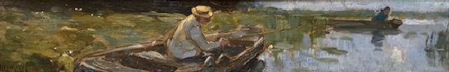 Jansen H.W.  | Visser in bootje langs de kant i.o., olieverf op board 9,0 x 54,0 cm, gesigneerd l.o.
