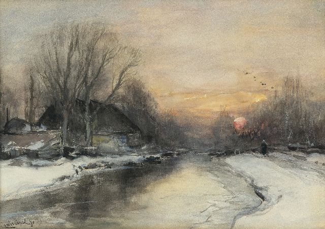 Apol L.F.H.  | Beschneiter Flussufer bei Sonnenuntergang, Aquarell auf Papier 25,3 x 35,4 cm, Unterzeichnet u.l.