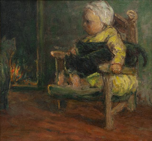 Blommers B.J.  | Kind in einem Stuhl bei Katze, Öl auf Leinwand 26,2 x 28,1 cm