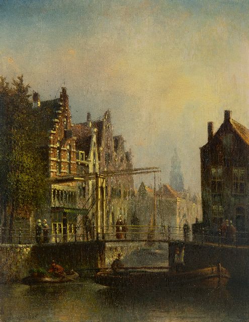 Johannes Franciscus Spohler | Holländische Stadtansicht mit Zugbrücke, Öl auf Holz, 20,4 x 16,0 cm, Unterzeichnet u.l.