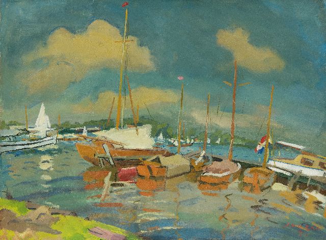 Jan van der Zee | Jachthaven aan het Paterswoldsemeer, olieverf op doek, 59,5 x 80,3 cm, gesigneerd r.o. en gedateerd '47