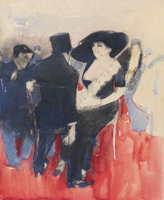 Piet van der Hem | In het café, houtskool en aquarel op papier, 33,0 x 27,0 cm