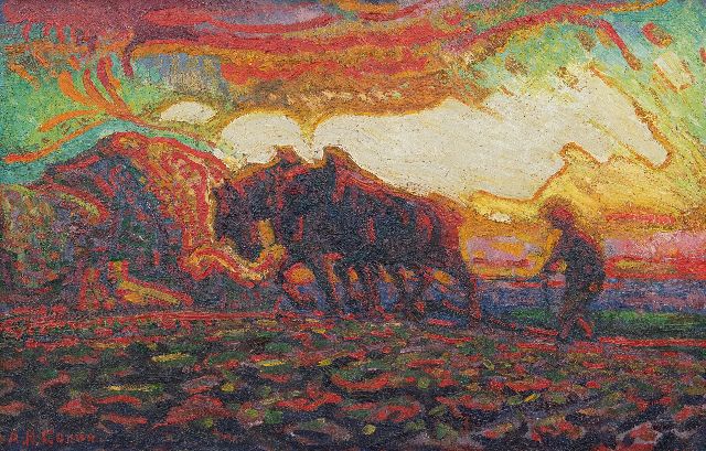Herman Gouwe | Ploegende boer, olieverf op doek, 31,4 x 48,4 cm, gesigneerd l.o. en te dateren ca. 1910-1915