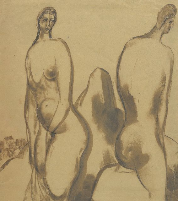 Gabriel van Schnell | Studie van twee naakte vrouwen, gewassen inkt en aquarel op papier, 28,6 x 27,7 cm, gesigneerd l.o. en gedateerd 1935, zonder lijst