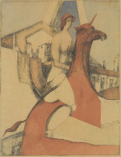 Gabriel van Schnell | Vrouwelijk naakt op eenhoorn, potlood en aquarel op papier op board - (pencil and watercolour on paper on board), 34,7 x 26,7 cm, gesigneerd r.o. en Aug. 1931, zonder lijst