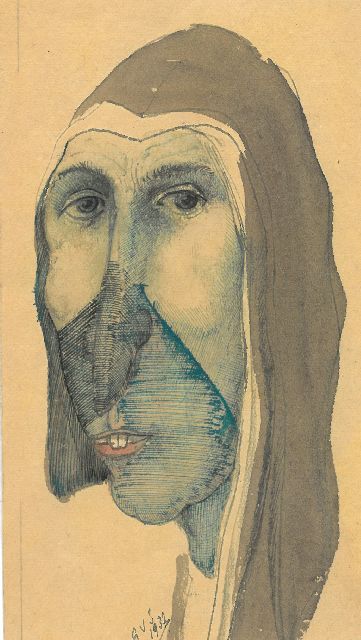 Gabriel van Schnell | Langharige vrouw, inkt, pen en aquarel op papier, 15,9 x 9,0 cm, gesigneerd l.o. met initialen en gedateerd 1932, zonder lijst