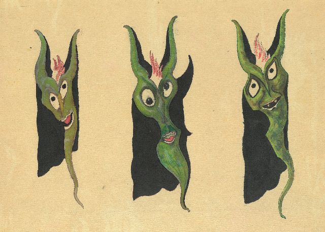 Gabriel van Schnell | Drie groteske figuren III, inkt en aquarel op papier, 21,9 x 30,7 cm, zonder lijst