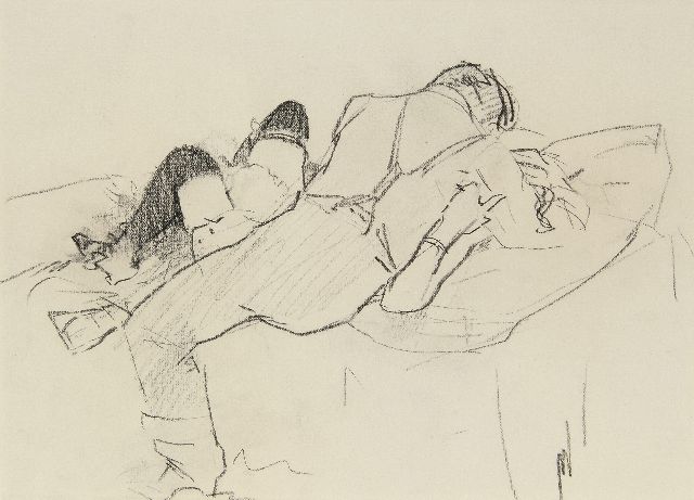 Piet van der Hem | Liefdespaar i.o., houtskool op papier, 18,5 x 25,4 cm