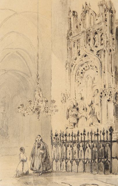 Johannes Bosboom | Innenraum der Grote Kerk in Breda mit dem grabdenkmal von Engelbert I von Nassau, Feder, Pinsel und Tinte auf Papier, 15,8 x 10,6 cm, Unterzeichnet u.m.