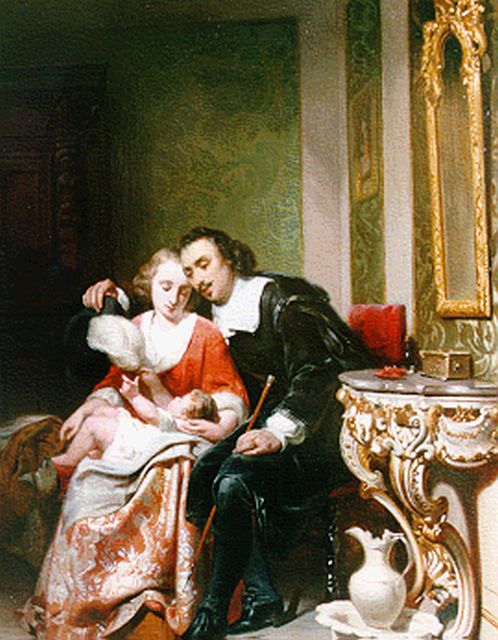 Jan Hendrik van de Laar | Huiselijk geluk, olieverf op paneel, 41,0 x 29,8 cm, gesigneerd l.o. en gedateerd 1855