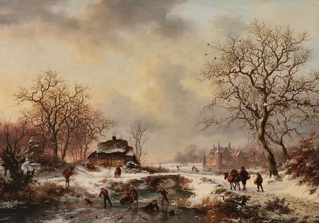 Frederik Marinus Kruseman | Wintergezicht met wandelaars en schaatspret, olieverf op doek, 52,4 x 72,5 cm, gesigneerd r.o. en gedateerd 1861
