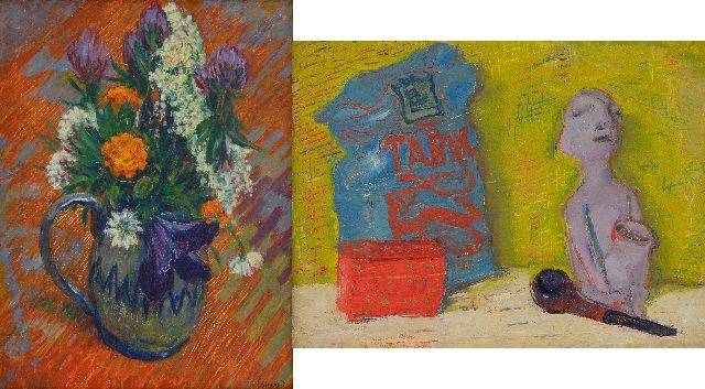 Dijkstra J.  | Blumen; verso: Stilleben mit Tabak und Pfeife, Wachsfarbe auf Leinwand 40,5 x 30,0 cm, Unterzeichnet u.r. und zu datieren ca. 1930