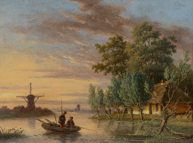 Meijier A.A. de | Flusslandschaft mit Fischern, bei Sonnenuntergang., Öl auf Holz 22,6 x 30,0 cm, Unterzeichnet r.u.