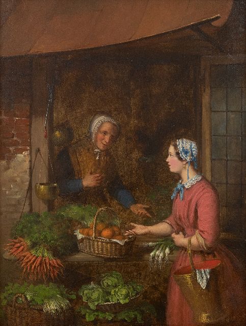 Pez A.  | Ein Gespräch am Gemüsestand, Öl auf Holz 34,6 x 26,0 cm, Unterzeichnet r.u. und datiert 1848