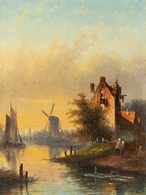 Jacob Jan Coenraad Spohler | Flusslandschaft mit Segelschiff, Figuren und Mühle, Öl auf Holz, 16,0 x 11,9 cm