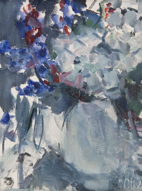 Wolters-Schweitzer M.  | Stilleben mit Blumen, Öl auf Leinwand 39,8 x 29,9 cm, Unterzeichnet u.r. und im Versp und datiert 2014 im Verso