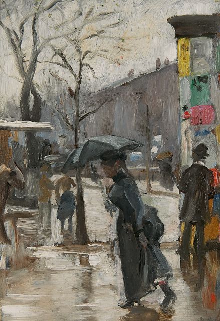 Hoeniger P.  | Een regenachtige dag langs de Seine in Parijs, olieverf op paneel 24,7 x 16,9 cm, gesigneerd r.o.
