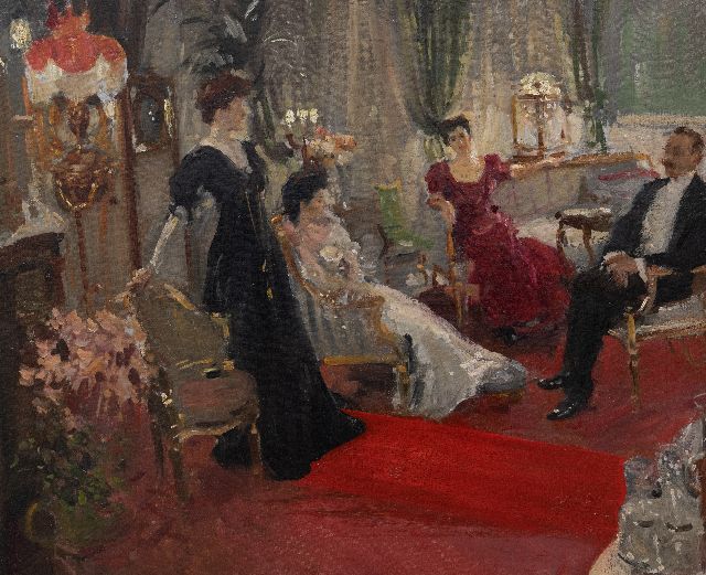 Duitse School, begin 20e eeuw | In de foyer, olieverf op doek, 60,0 x 71,9 cm, gesigneerd verso (vaag)