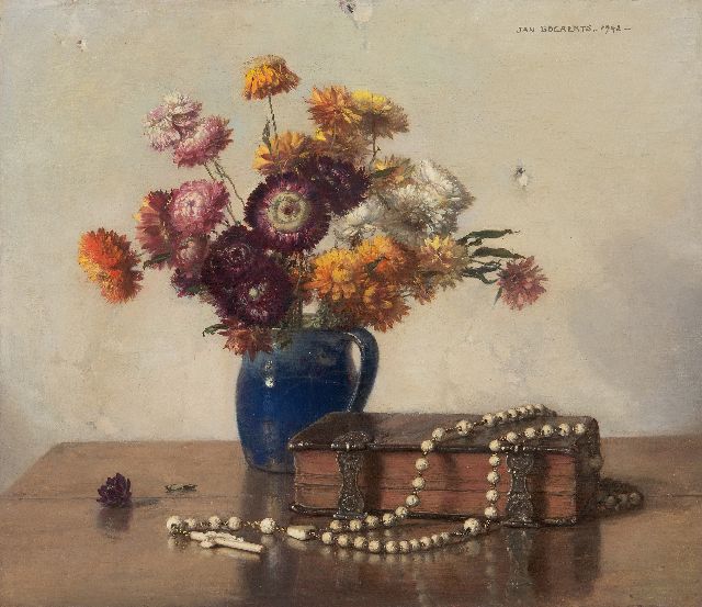 Jan Bogaerts | Stillleben mit Bibel und Vase mit Strohblumen, Öl auf Leinwand, 35,5 x 40,5 cm, Unterzeichnet o.r. und datiert 1942