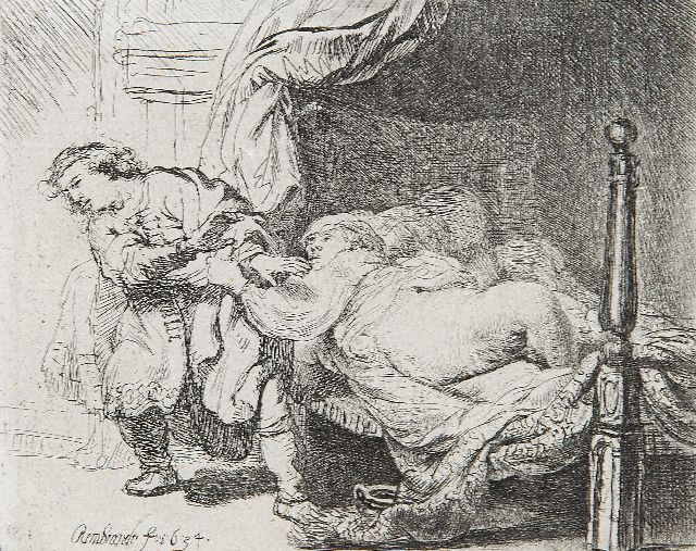 Rembrandt | Jozef en de vrouw van Potifar, ets op papier, 9,0 x 11,5 cm, gesigneerd l.o. in de plaat en gedateerd in de plaat 1634