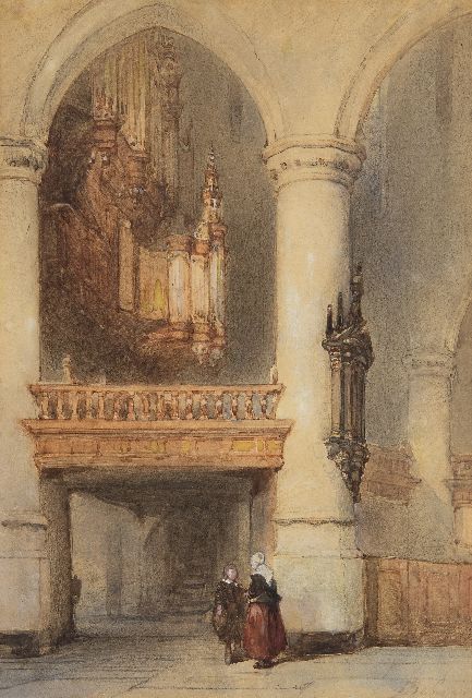 Johannes Bosboom | Interieur van de Oude Kerk in Delft, krijt en aquarel op papier, 28,2 x 19,5 cm, gesigneerd r.o. en te dateren ca. 1855