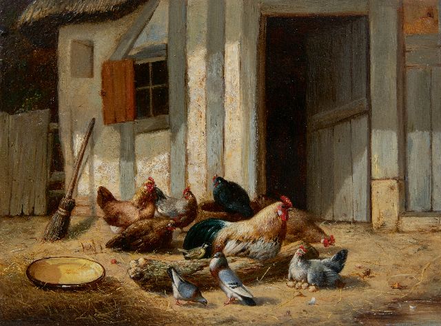 Maes E.R.  | Haan en kippen op het boerenerf, olieverf op paneel 17,8 x 24,0 cm, 1860