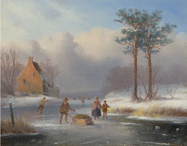 Carl Eduard Ahrendts | Winters rivierlandschap met schaatsende figuren, olieverf op paneel, 19,2 x 23,7 cm, gesigneerd r.o. vaag