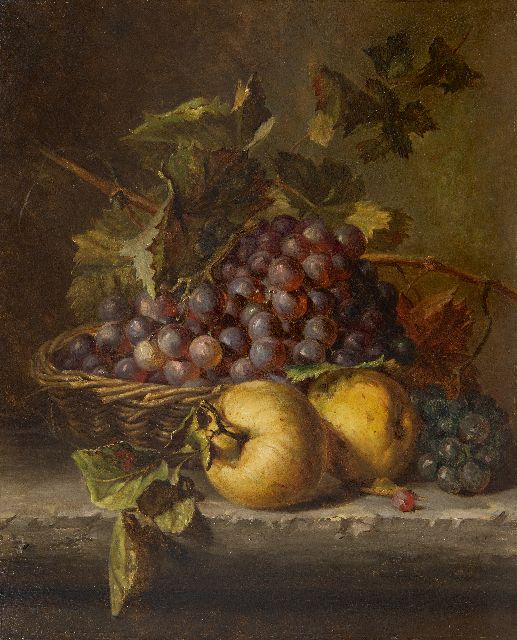 Adriana Haanen | Stilleven met druiven in een rieten mandje, olieverf op paneel, 44,0 x 35,7 cm, gesigneerd r.o. vaag en zonder lijst