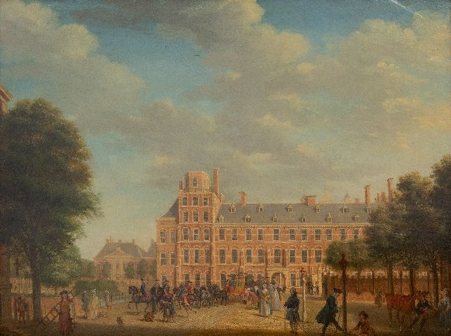 Tethard Philipp Christian Haag | Gezicht op het Stadhouderlijk Kwartier met een vertrekkende Prins Willem V, olieverf op paneel, 49,8 x 66,4 cm