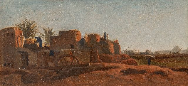 Frederick Goodall | Dorp langs de Nijl, papier op doek, 17,9 x 38,2 cm, gesigneerd met monogram en gedateerd 1858, zonder lijst