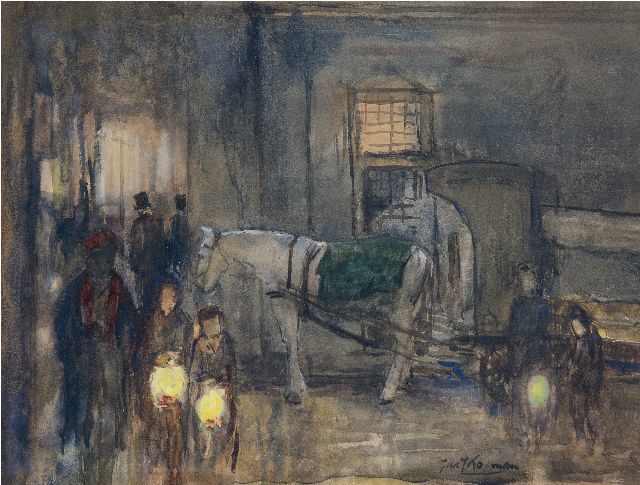 Jac. J. Koeman | Straatgezicht met figuren en paard-en-wagen bij avond, krijt en acryl op papier, 28,0 x 37,0 cm, gesigneerd r.o. en verso