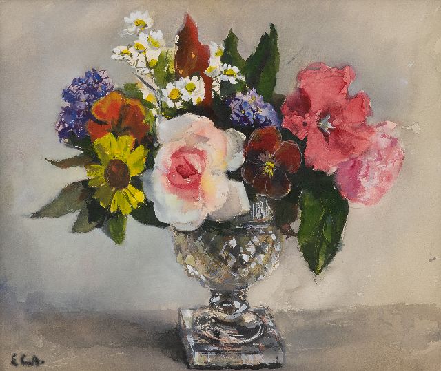 Elise Arntzenius | Zomerbloemen in een kristallen vaas, aquarel op papier, 27,0 x 32,0 cm, gesigneerd l.o. met initialen