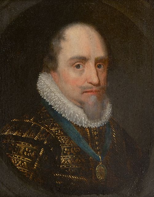 Michiel Jansz. van Mierevelt (atelier van) | Portret van Maurits, ca 1620, Prins van Oranje-Nassau (1567-1625), lid van De Orde van de Kousenband in 1612, olieverf op paneel, 27,0 x 20,0 cm