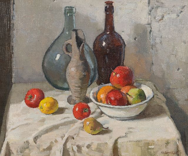 Henk van Leeuwen | Stilleben mit Flaschen und Früchten, Öl auf Leinwand, 50,1 x 60,2 cm, Unterzeichnet u.r.