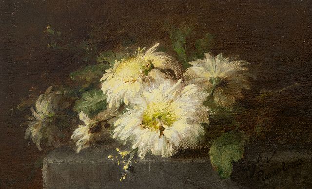Margaretha Roosenboom | Chrysanthemen auf einem Steinsockel, Öl auf Leinwand, 35,7 x 56,4 cm, Unterzeichnet u.r.