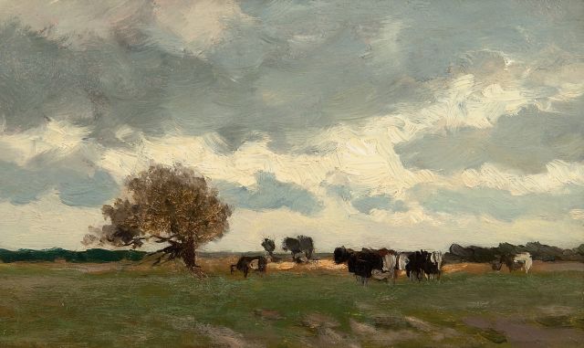 Weissenbruch H.J.  | Landschap met koeien, olieverf op paneel 15,0 x 25,1 cm