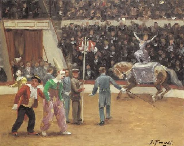 Joseph Faverot | Circusvoorstelling, olieverf op paneel, 37,5 x 46,0 cm, gesigneerd r.o.